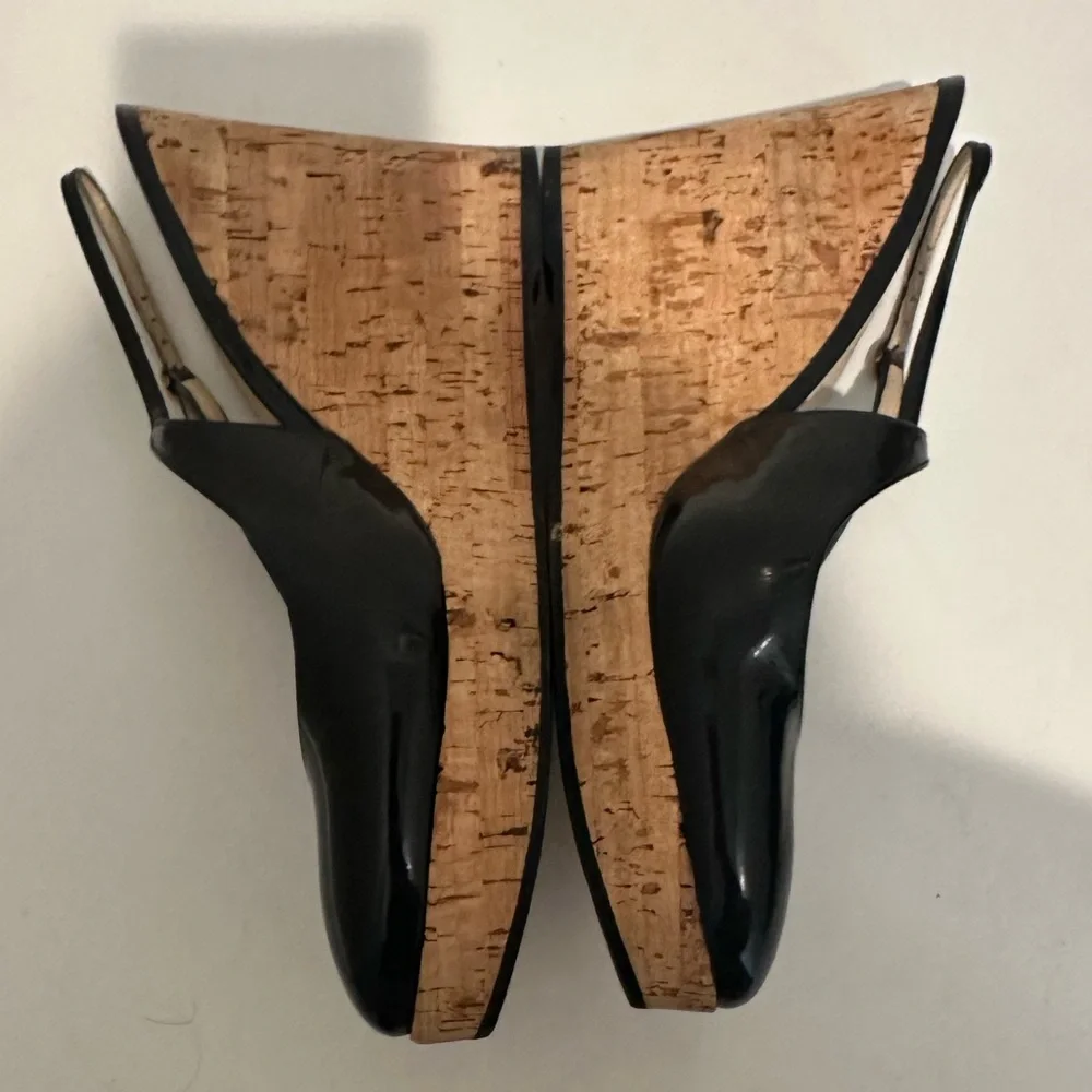 Yves Saint Laurent YSL Black Patent Leather Slingback Cork Wedge Platform EU 40